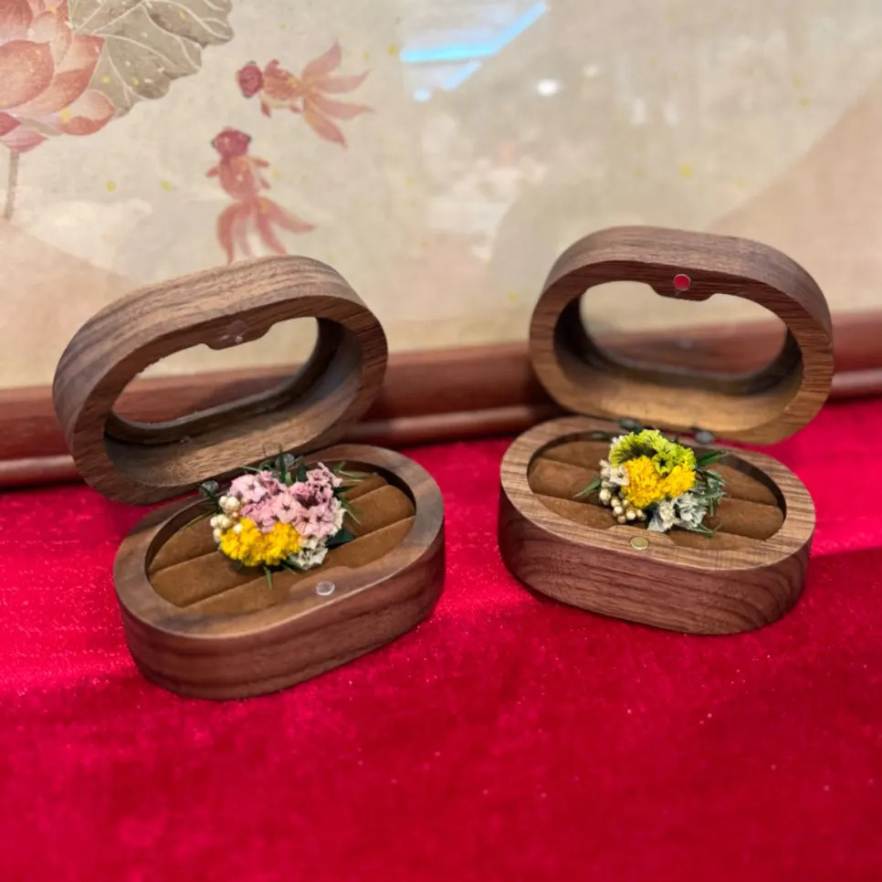 黑胡桃饰品盒戒指项链耳环收纳盒木质收纳椭圆木求订婚求婚道具