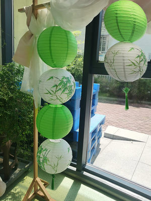 茶馆户外场景布置装饰绿色系竹子纸灯笼中式古风吊灯挂饰灯笼灯罩