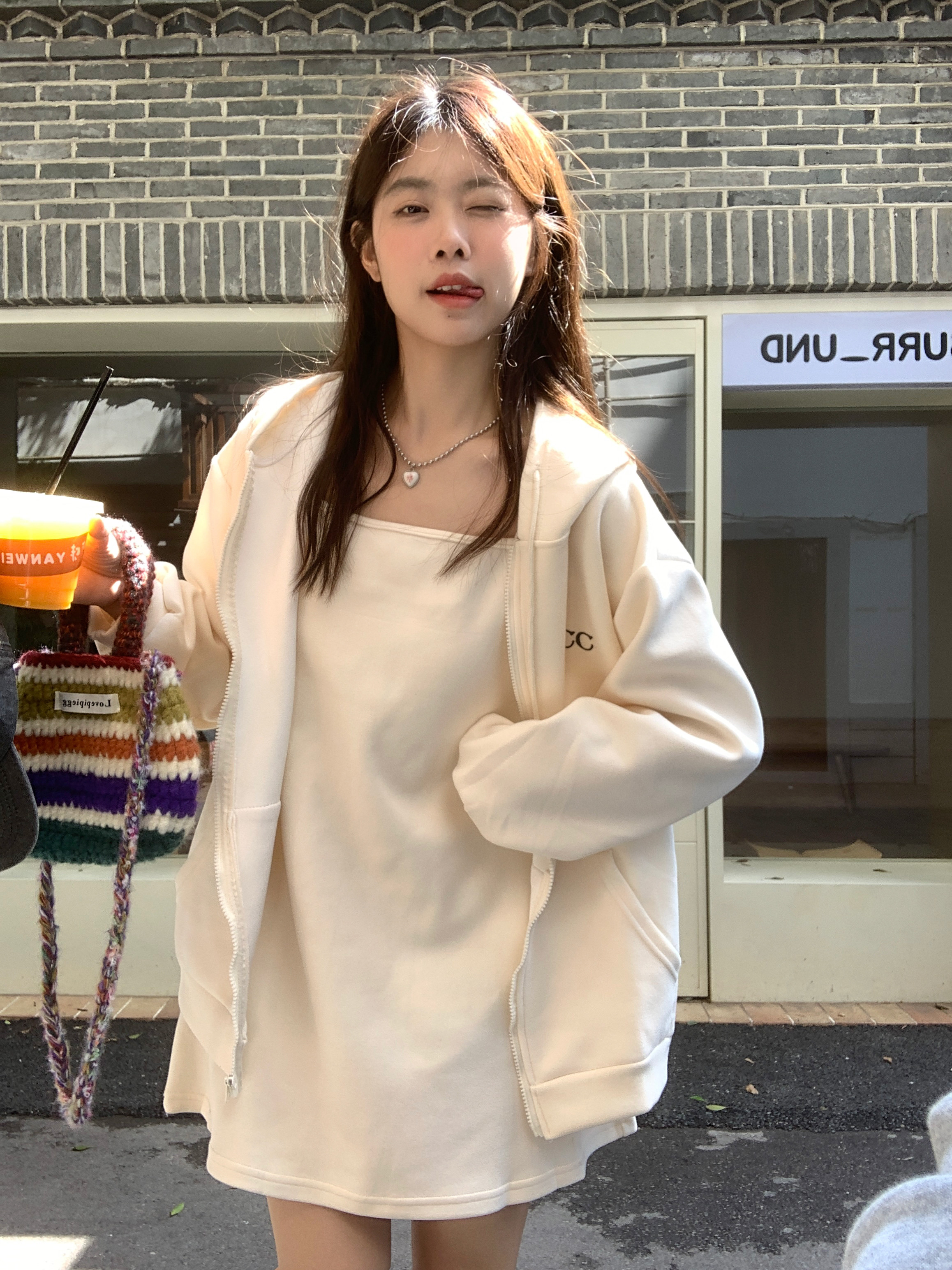 泡泡袖春秋韩系时尚拉链连帽长袖卫衣+显瘦吊带连衣裙套装女潮