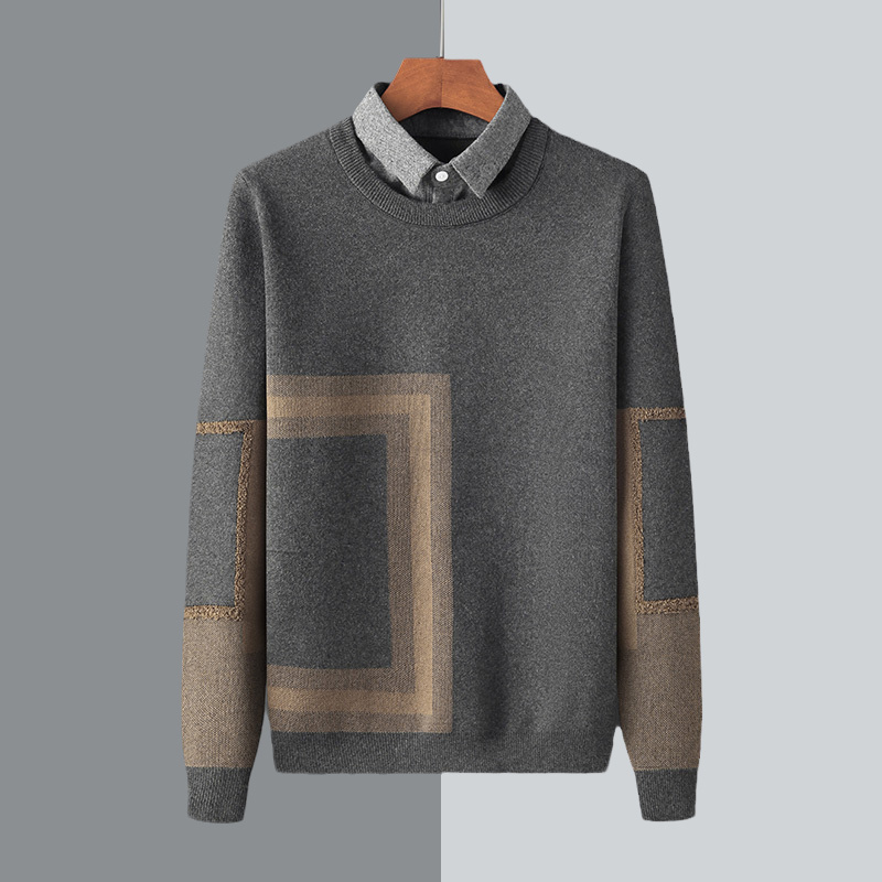 假两件毛衣男保暖2021秋冬男装上衣打底衫针织衫外套加厚百搭加绒