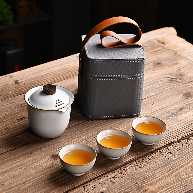 汝窑定制套装旅行茶具快客杯一壶三杯收纳包便携式户外伴手礼