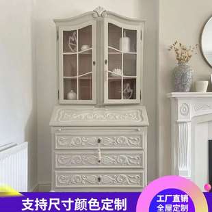 雕花实木一体书桌书柜储物柜出口家用多功能秘书柜翻盖写字台 美式