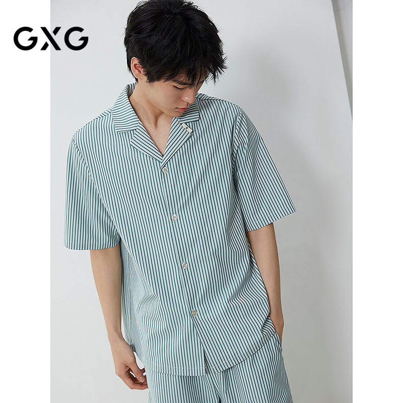 GXG男士家居服 清新绿色条纹短袖短裤睡衣套装男 25年春夏新品