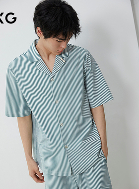 GXG男士家居服 清新绿色条纹短袖短裤睡衣套装男休闲简约家居服