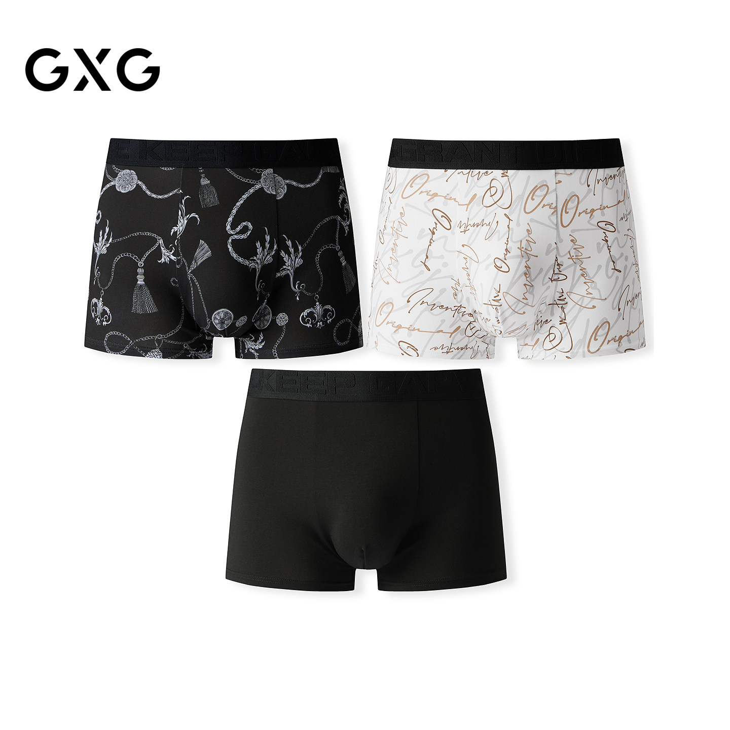 GXG男士内裤【3条装】个性签名锁链印花棉莫内裤男抑菌透气平角裤,女士内衣/男士内衣/家居服,男平角内裤,淘宝优惠券,粉丝福利购,淘宝优惠卷