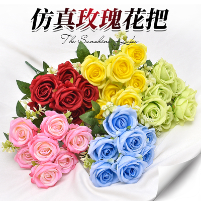 仿真玫瑰花枝7叉把花婚庆桌摆插花造景假绢花塑料高档情人节装饰