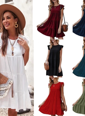 新款纯色圆领短袖连衣裙休闲蛋糕裙women's short sleeve dre