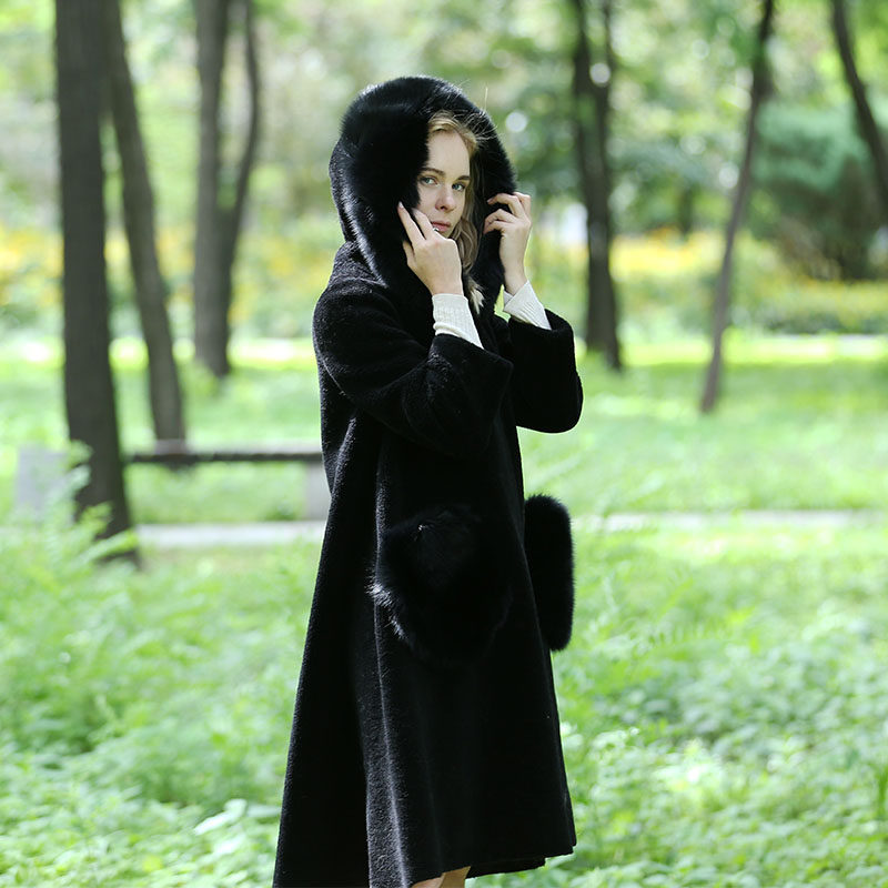 颗粒羊剪绒大衣女中长款黑色大狐狸毛领连帽大摆皮毛一体女