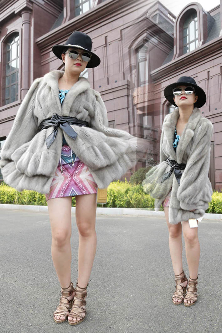 双层女款西服领貂皮大衣
