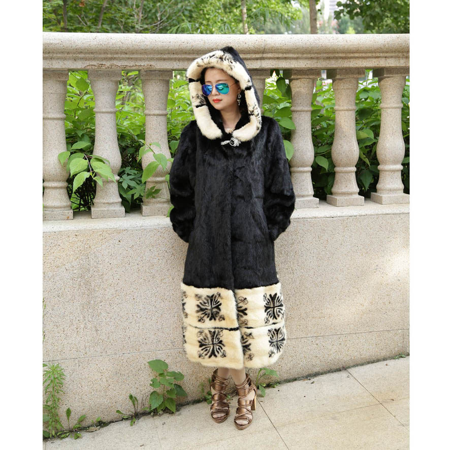2020貂皮大衣整貂女带帽外套进口皮草黑色撞色AB版整皮水貂长款