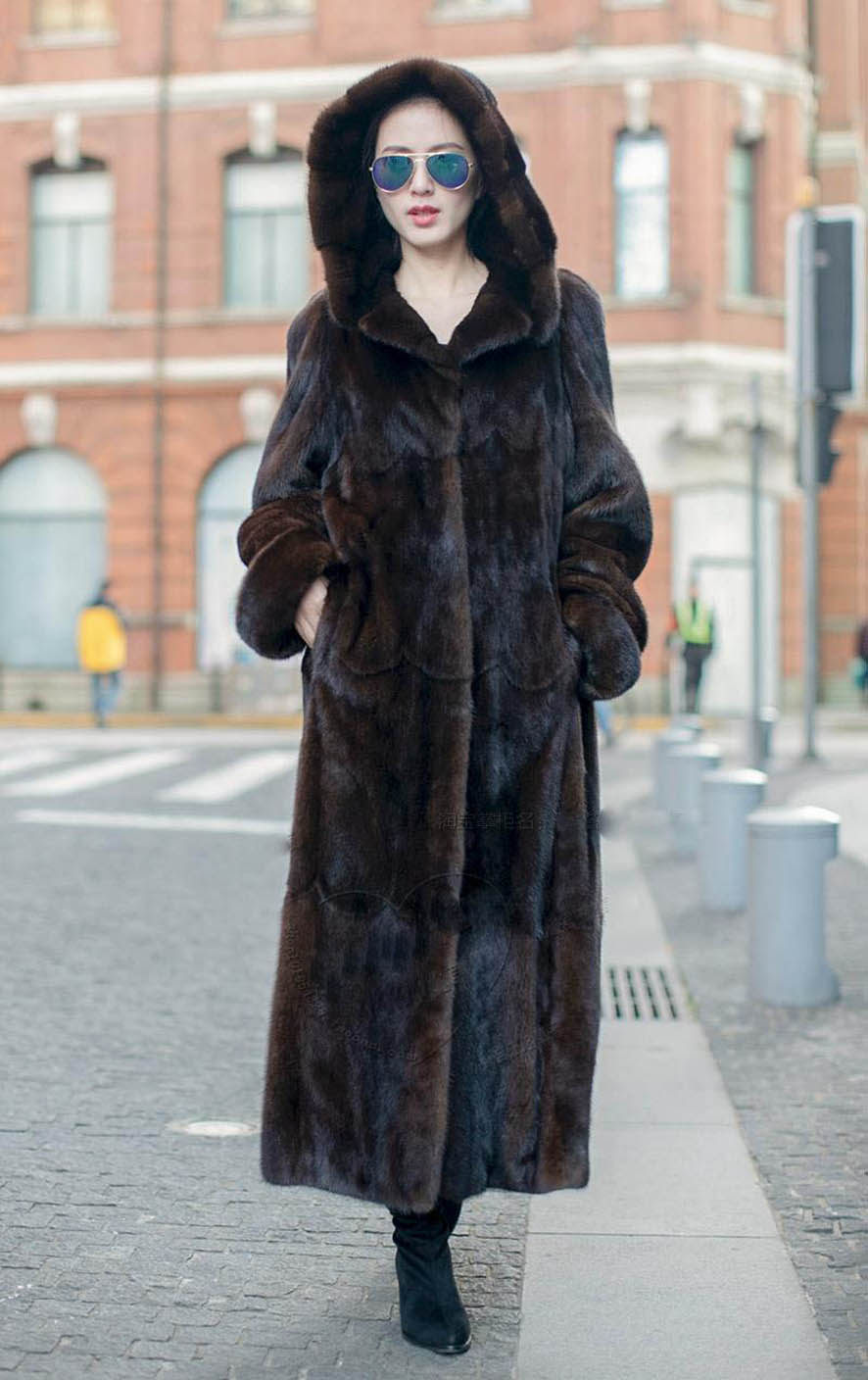 水貂皮大衣整貂女貂毛皮草外套咖啡加长款2020新带连帽母貂裘皮毛