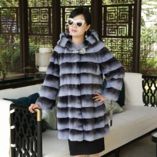 2027进口天鹅绒新款冬韩版连帽横纹大衣女款整貂皮草中长款外套