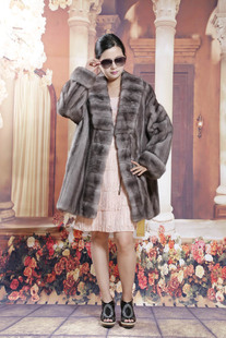 双十二进口皇冠皮草水貂绒貂皮大衣外套整貂女装铁灰中长款横纹