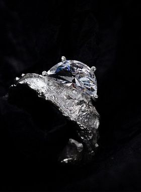 韩版小众S925纯银异形肌理戒指女ins风开口镶嵌锆石食指戒