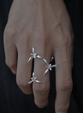 新中式无根兰花戒指女优雅感小巧立体花卉工艺国风开口可调节指环