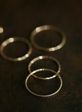 S925纯银镀14K金简约车花极细闪亮戒指时髦日韩小清新叠戴指环女