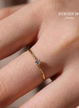 简~S925纯银镀14K金戒指女日韩版镶嵌钻锆石极细单钻戒指尾戒指环