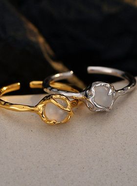 【K社制造】韩版ins风小众简约大气白玛瑙戒指女S925纯银开口指环