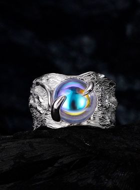 【K社制造】欧美925纯银宽版不规则纹理戒指开口彩色月光石食指戒
