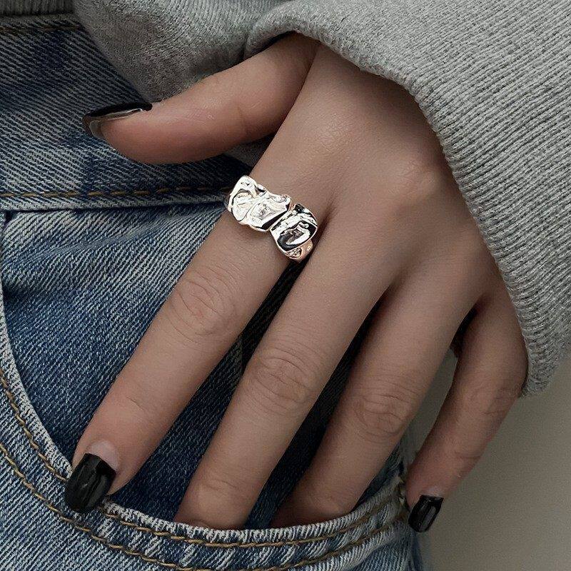 韩版S925银熔岩褶皱个性戒指女复古时尚不规则凹凸开口指环食指戒