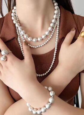 欧美时尚小众款拉丝圆球耳环串珠叠戴项链轻奢质感新款磨砂戒指女