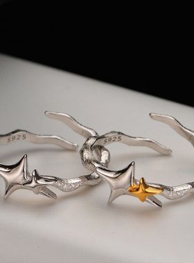韩版小众设计轻奢S925通体纯银星星戒指女开口异形食指戒