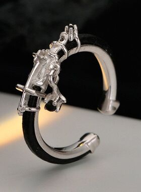 韩版小众设计师款S925纯银皮绳戒指女开口纹理皮带食指戒