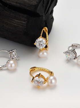 E6125 韩版百搭简约S925纯银天然淡水珍珠耳扣女镶钻麻花耳环