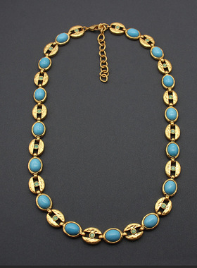 欧美跨境直供镀24K做旧真金绿松石猪鼻子链项链中古小众首饰