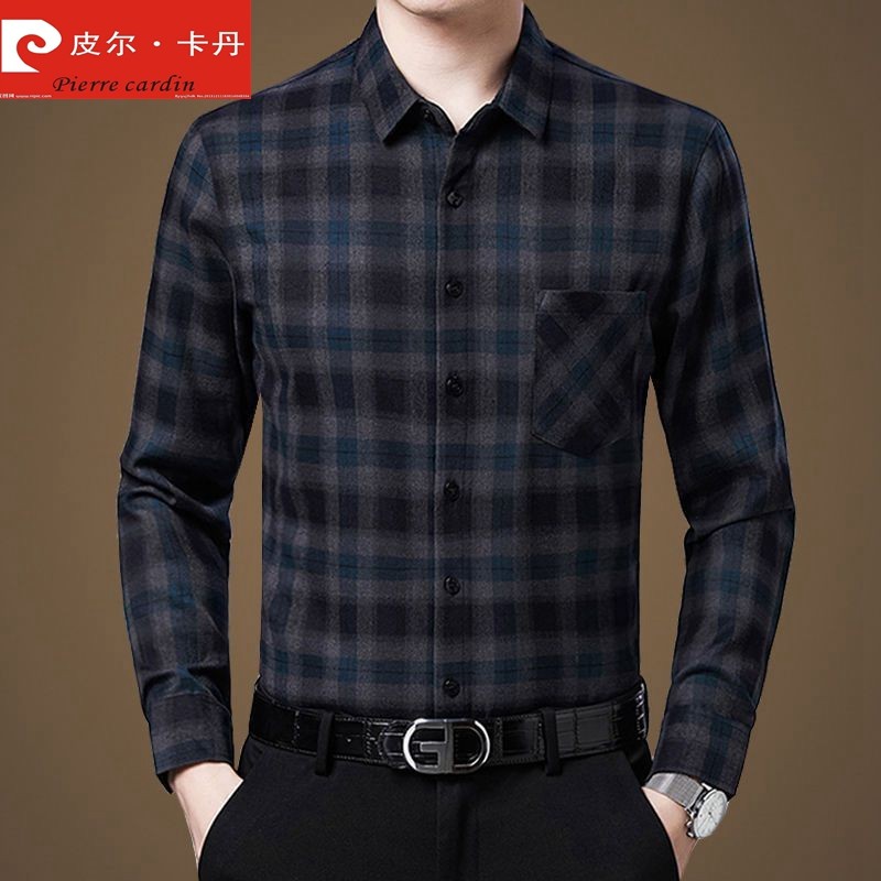 皮尔卡丹翻领长袖商务格子衬衫