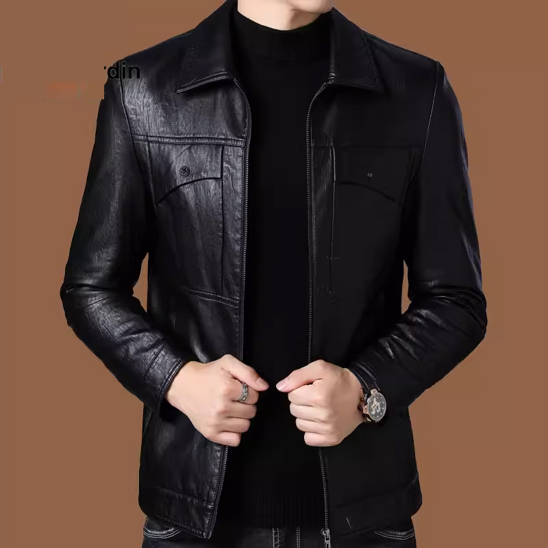 男装真皮皮衣男外套秋冬修身机车服男士休闲加绒皮夹克男翻领