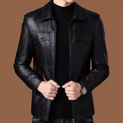 男装真皮皮衣男外套秋冬修身机车服男士休闲加绒皮夹克男翻领