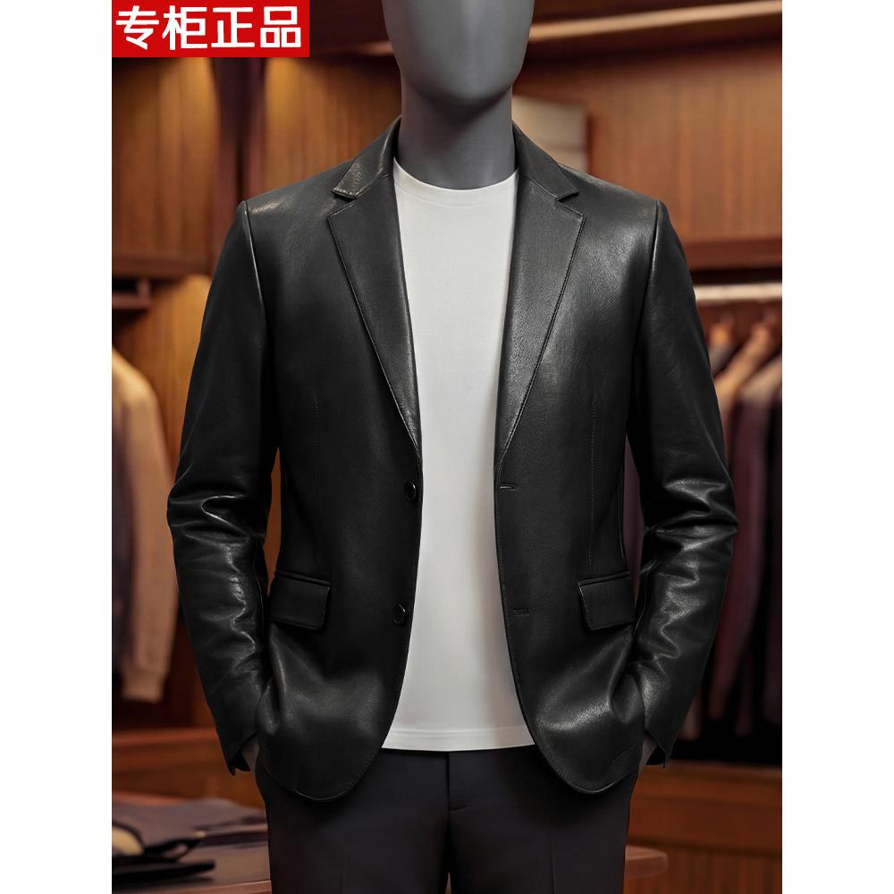 春季新款真皮衣男黑色西装