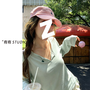 070320~「桃心刺绣凉感罩衫」韩系！小V领慵懒显瘦女士长袖T恤