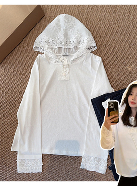 021020「少女花笺蕾丝帽」韩系！连帽蕾丝拼接女士长袖打底T恤衫