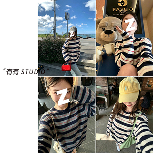 092121~「Miu里Miu气的条纹」韩系！圆领条纹拼色女士针织衫