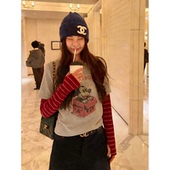 小鼠假两件」韩系 012220 「红袖 假两件拼接卡通女士加绒T恤