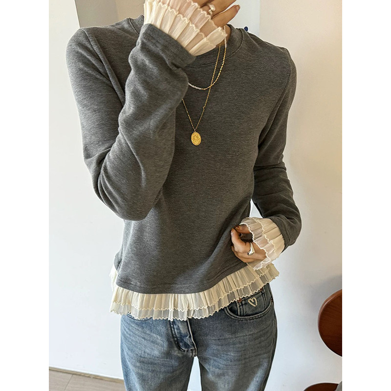 120320~「云朵花边打底衫」韩系！花边拼接加绒圆领女打底T恤衫,女装/女士精品,T恤,淘宝优惠券,粉丝福利购,淘宝优惠卷