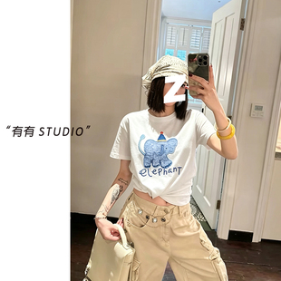 062020~「小象串珠刺绣T」韩系！减龄卡通钉珠显瘦女士短袖T恤