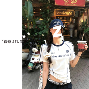 062620~「麻丝小蛮腰字母T」韩系！简约拼色领口显瘦女士短袖T恤