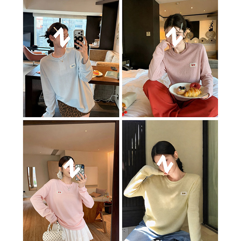 040622~「蕾丝爱心罩衫」韩系！简约纯色显瘦女士长袖麻棉T恤