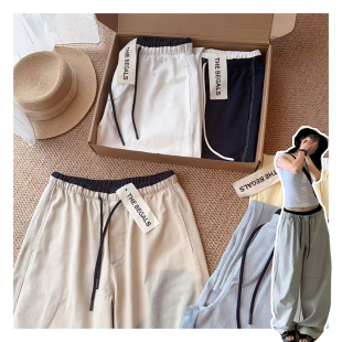 」韩系撞色腰头抽绳显瘦女士休闲裤 031620 「纸片人拼腰弯刀裤