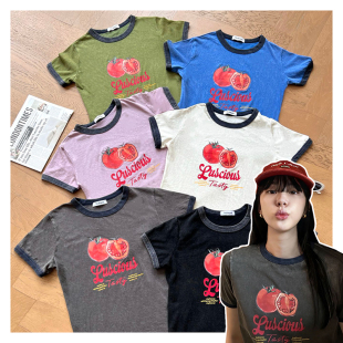 T恤 复古做旧印花女士短袖 031122 「炒色番茄韩系T」韩系