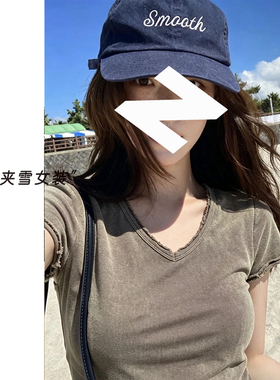 060320~「炒色雨露棉卷边V领T」韩系！复古做旧毛边女士短袖T恤