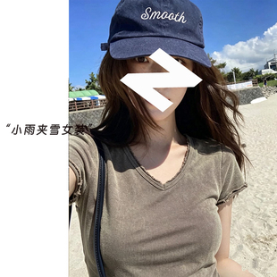 060320~「炒色雨露棉卷边V领T」韩系！复古做旧毛边女士短袖T恤