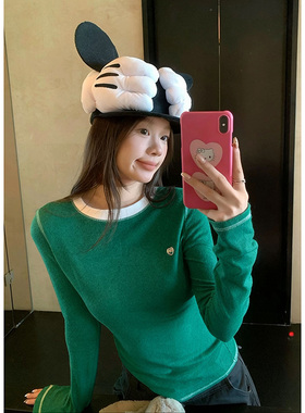 010721~「慕斯彩纱面膜T」韩系！圆领撞色拼接爱心扣女士长袖T恤