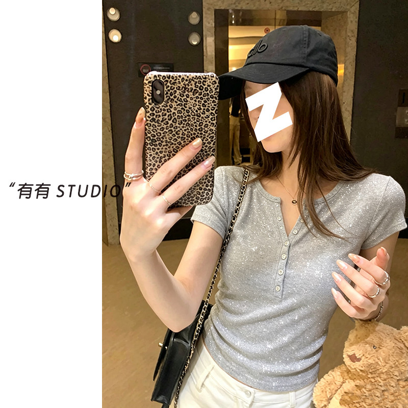 073021~「撒银闪闪贝壳扣T」韩系！细闪亮片显瘦女士短袖T恤