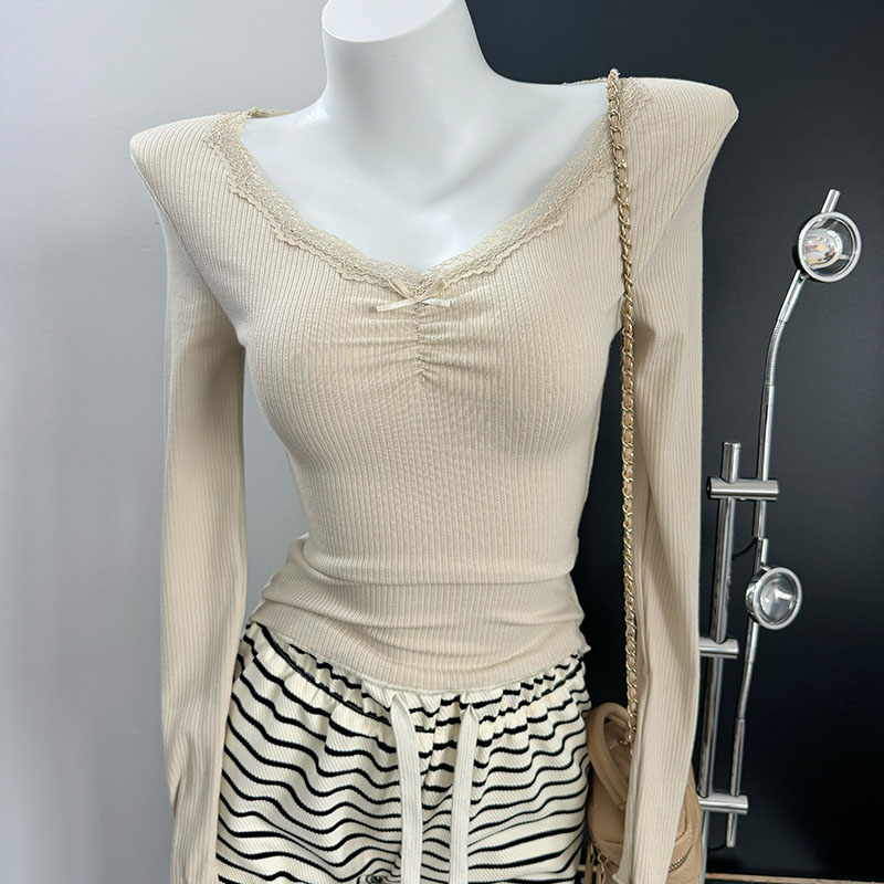 2023秋进口前褶皱坑条针织衫V领