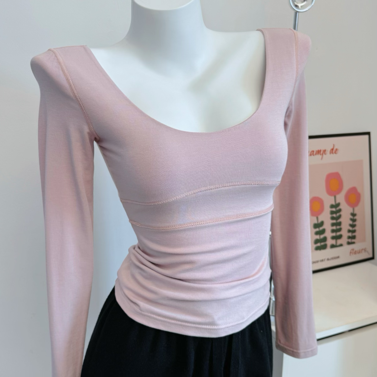 版型绝显身材微透感薄款长袖春夏纯欲U领显瘦内搭上百搭修身打底