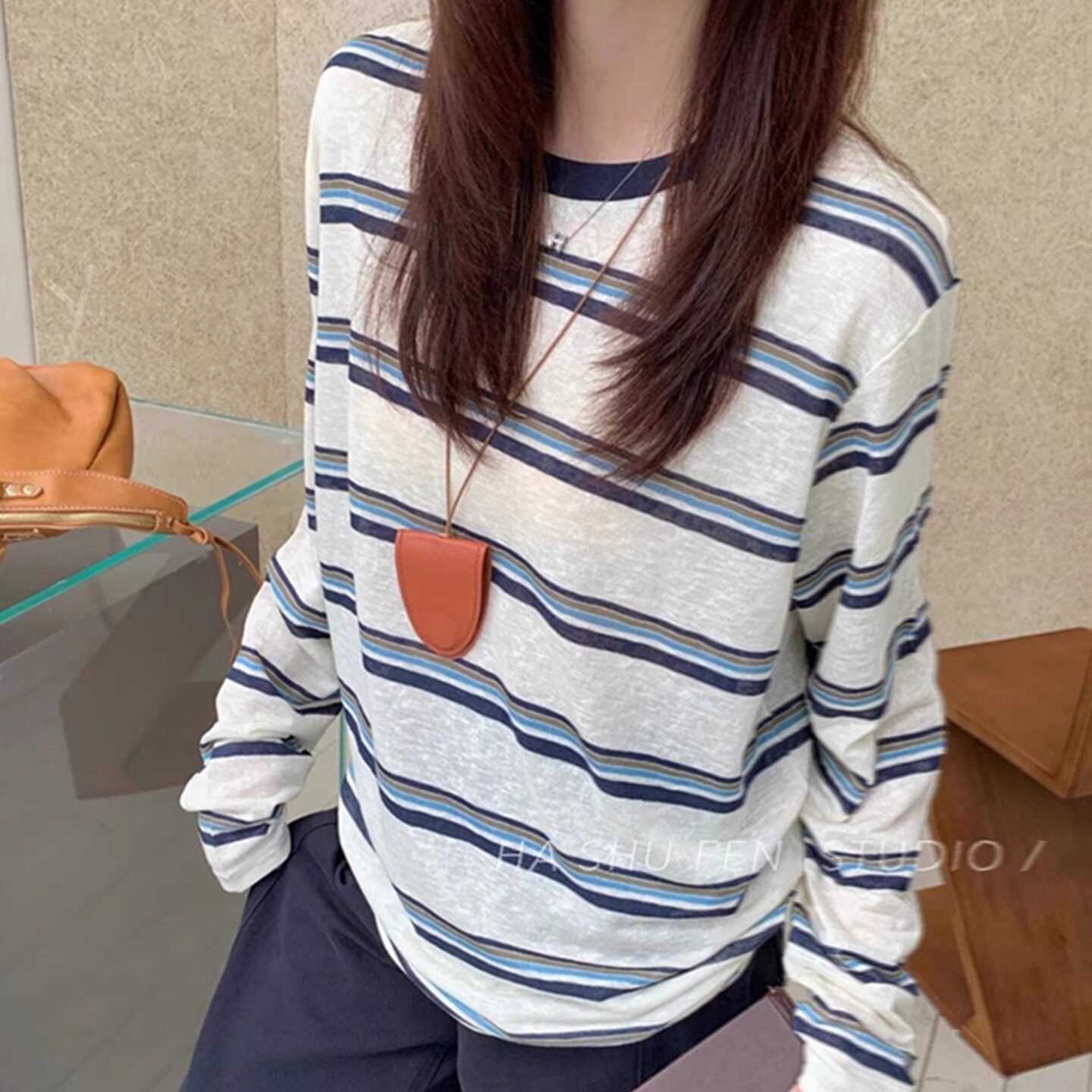 条纹T恤女秋季新款宽松夏防晒衫长袖中长款小众设计感薄款上衣